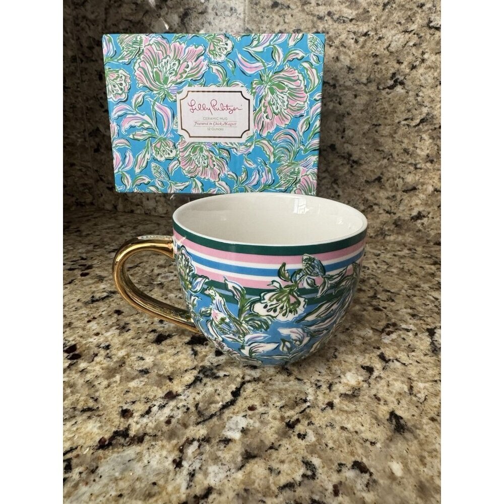 Lilly Pulitzer Coffee Mug Tea Blue Green Floral Gold Handle 12 Oz. NEW - Picture 2 of 4